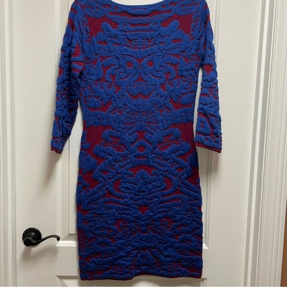 Beautiful! Blue Rain Sz Small Red Long Sleeve Dress w Blue Asian Flare Detailing - Picture 6 of 8